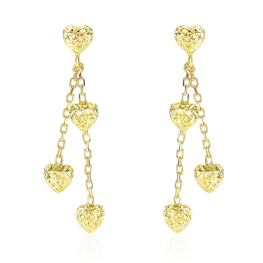 Puffed Heart Diamond Cut Chain Dangling Earrings - 14k Yellow Gold