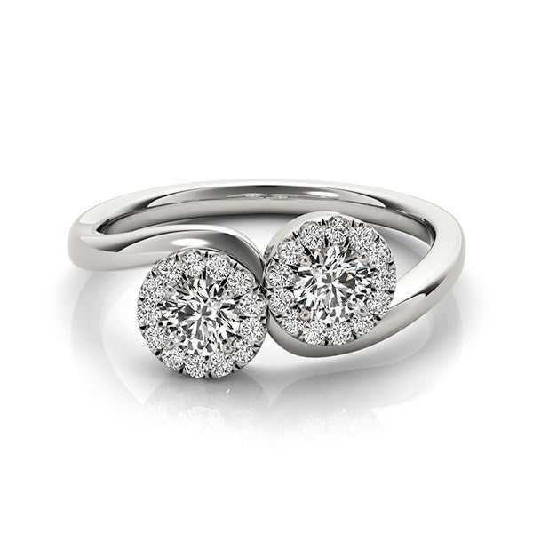 (3/8 cttw) Halo Set Round Two Stone Diamond Ring - 14k White Gold