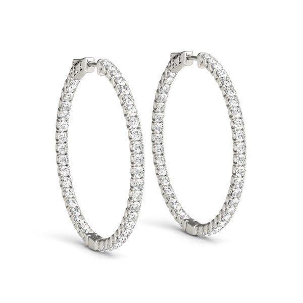(2 cttw) Diamond Hoop Earrings W/ Shared Prong Setting - 14k White Gold