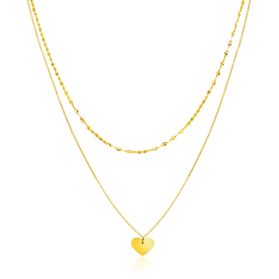 14k Yellow Gold 18 inch Two Strand Necklace with Heart Pendant