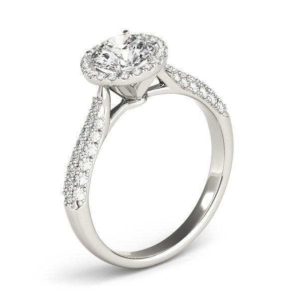 (1 1/3 cttw) Halo Diamond Engagement Ring W/ Pave Band - 14k White Gold