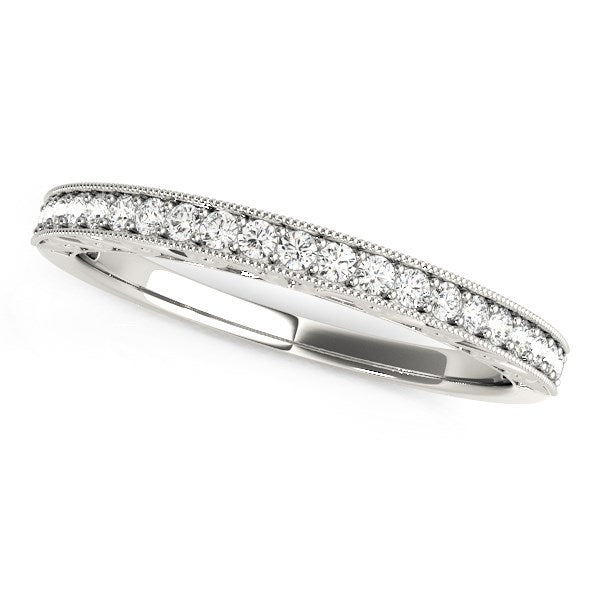 (1/6 cttw) Milgrain Bordered Round Diamond Wedding Band - 14k White Gold