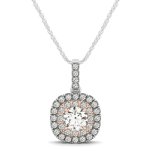 (1/2 cttw) Cushion Shape Halo Diamond Pendant - 14k White And Rose Gold