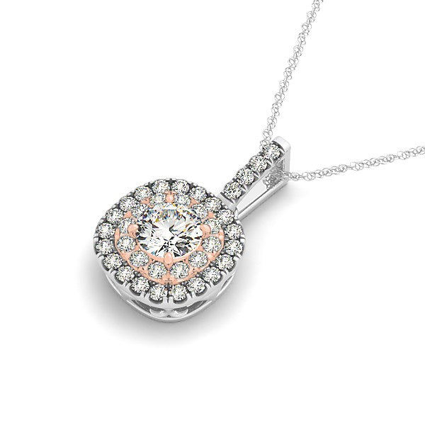 (1/2 cttw) Cushion Shape Halo Diamond Pendant - 14k White And Rose Gold