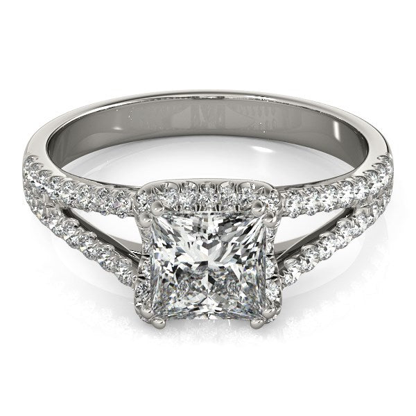 (2 cttw) Princes Cut Halo Split Shank Diamond Engagement Ring - 14k White Gold
