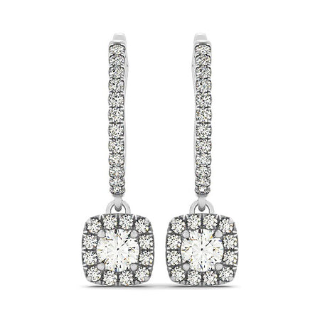 (1/2 cttw) Cushion Shape Halo Style Diamond Drop Earrings - 14k White Gold