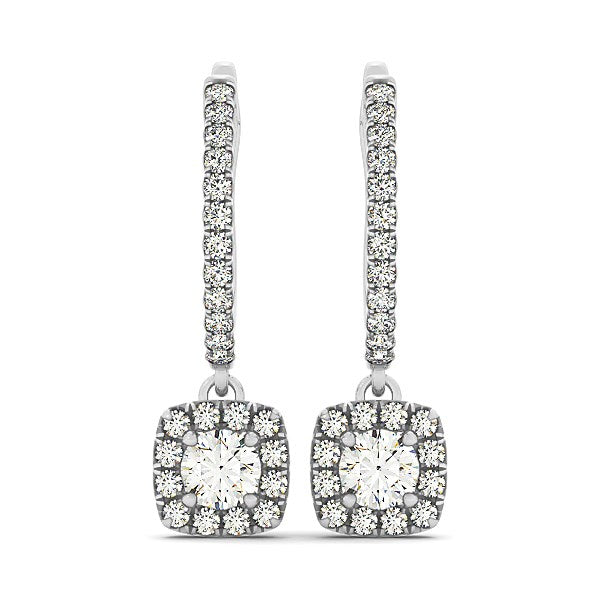 (1/2 cttw) Cushion Shape Halo Style Diamond Drop Earrings - 14k White Gold