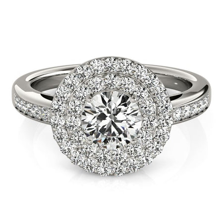 (1 1/2 cttw) Round W/ Two-Row Halo Diamond Engagement Ring - 14k White Gold