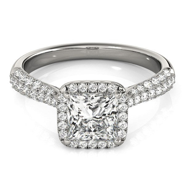 (1 1/3 cttw) Halo Pave Band Diamond Engagement Ring - 14k White Gold