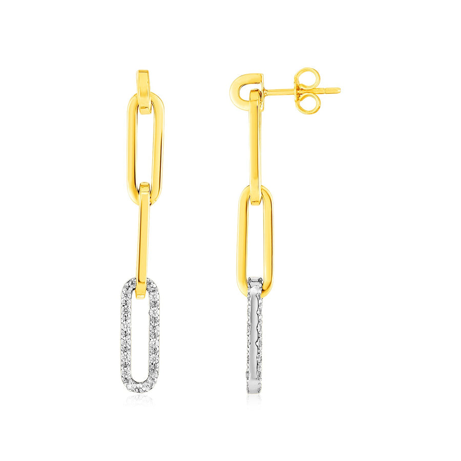 Paperclip Chain Dangle Earrings W/ Diamonds - 14k Yellow Gold