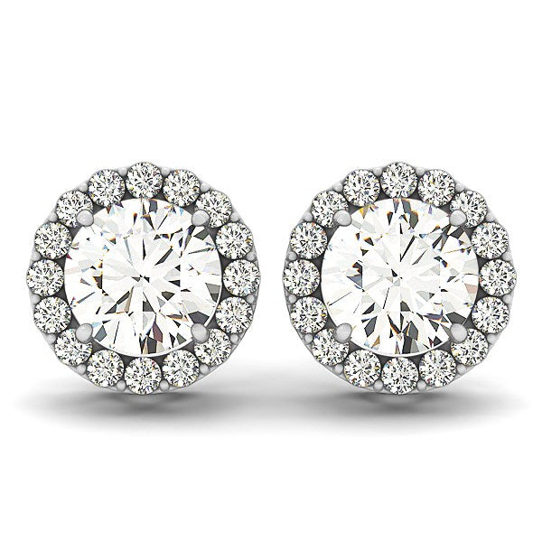 (1 1/6 cttw) Four Prong Round Halo Diamond Earrings - 14k White Gold