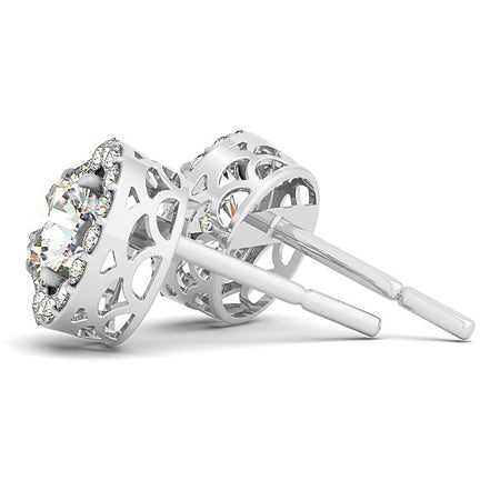 (1 1/6 cttw) Four Prong Round Halo Diamond Earrings - 14k White Gold