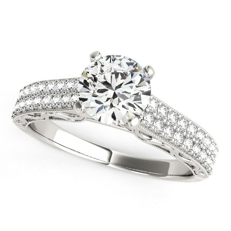 (1 1/3 cttw) Pronged Diamond Antique Style Engagement Ring - 14k White Gold