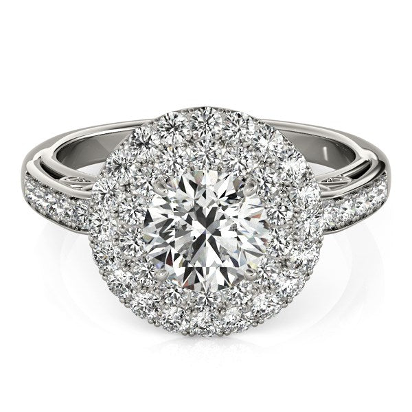 (2 cttw) Diamond W/ Two-Row Pave Border Engagement Ring - 14k White Gold