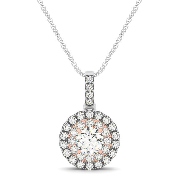 (1/2 cttw) Round Shape Halo Diamond Pendant - 14k White and Rose Gold