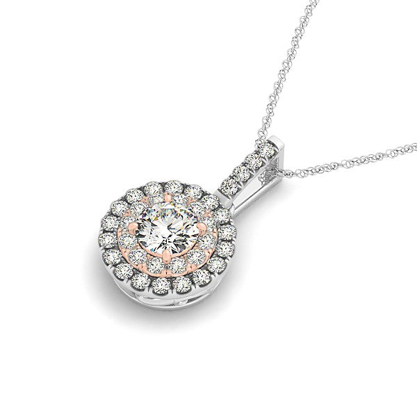 (1/2 cttw) Round Shape Halo Diamond Pendant - 14k White and Rose Gold