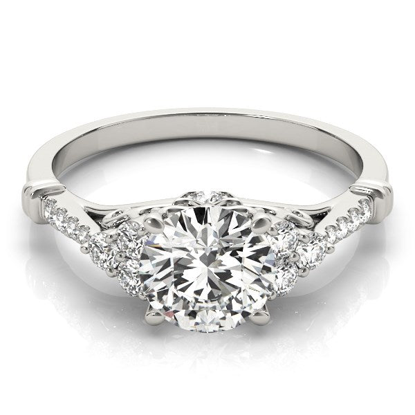 (1 1/8 cttw) Side Clusters Round Diamond Engagement Ring - 14k White Gold