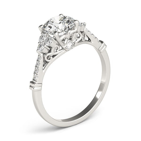 (1 1/8 cttw) Side Clusters Round Diamond Engagement Ring - 14k White Gold