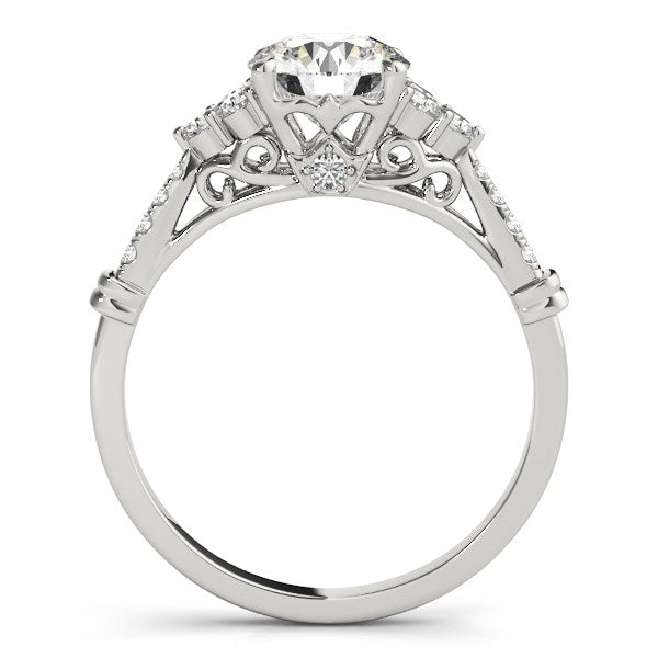(1 1/8 cttw) Side Clusters Round Diamond Engagement Ring - 14k White Gold