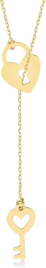 14K Solid Gold Heart Y-Necklace | 14K Yellow Gold Lariat Necklaces for Women | Double, Open, Infinity, Key Heart Pendant Necklace | Dainty Love Jewelry | Gifts for Christmas, 18