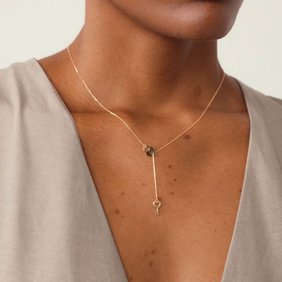 14K Solid Gold Heart Y-Necklace | 14K Yellow Gold Lariat Necklaces for Women | Double, Open, Infinity, Key Heart Pendant Necklace | Dainty Love Jewelry | Gifts for Christmas, 18