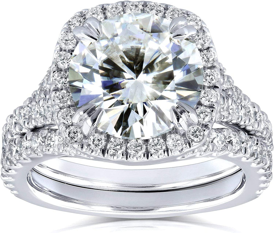 round G-H Moissanite Cushion Halo Bridal Wedding Set 4 CTW 14K White Gold