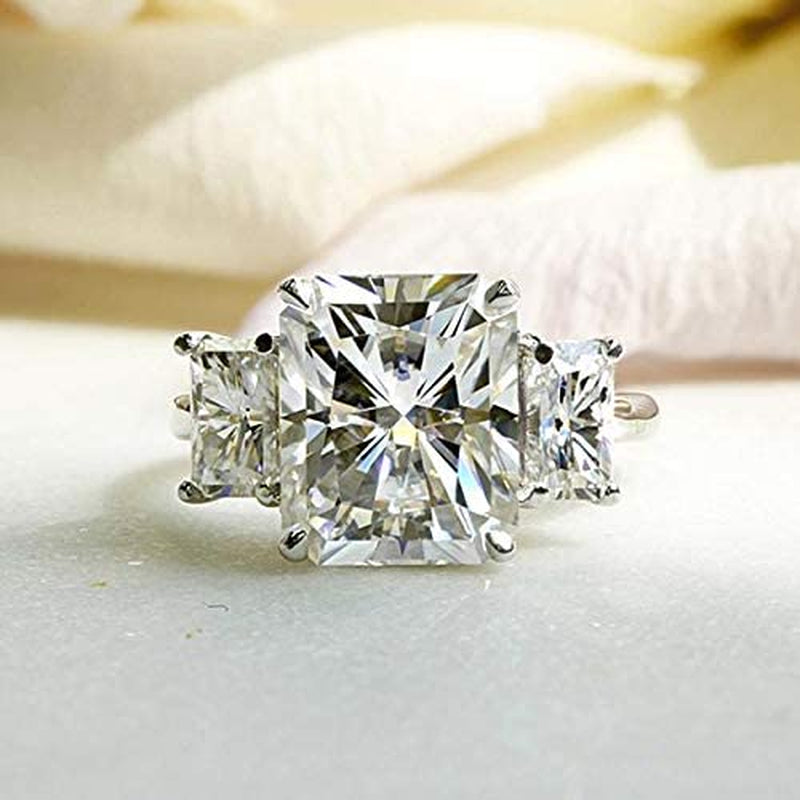 6 3/4 Carats Radiant Moissanite 3-Stone Statement Ring 14K White Gold