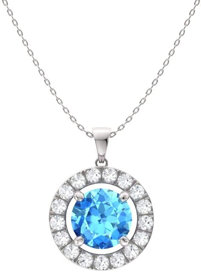 Natural and Certified Gemstone and Diamond Halo Petite Necklace in 14K White Gold | 0.61 Carat Pendant with Chain