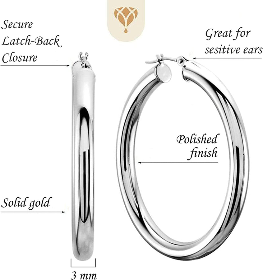 14K REAL Yellow or White or Rose/Pink Gold 3MM Thickness Classic Polished round Tube Hoop Earrings with Snap Post Closure for Women in Many Sizes and Gauges