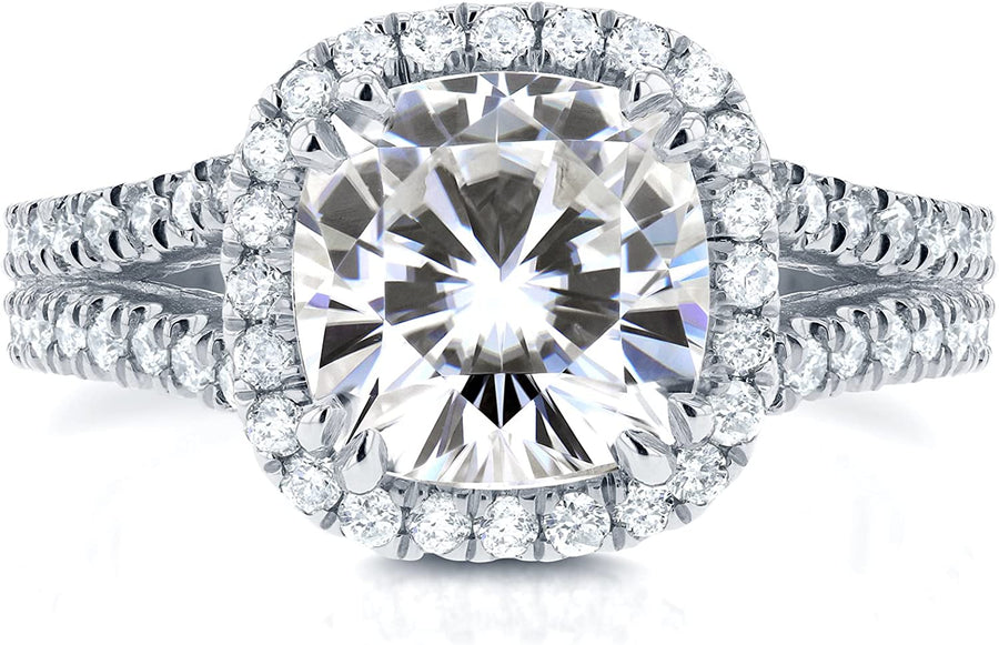 Forever One (D-F) Moissanite and Halo Diamond Engagement Ring 2 1/2 CTW 14K White Gold
