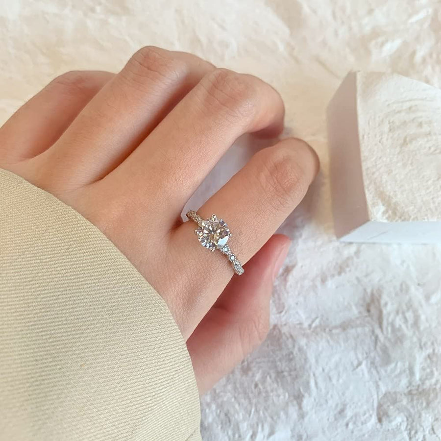 1-1/5 Carat (Ctw) Classic round Engagement Rings for Women Platinum Plated Silver, Moissanite Engagement Rings Wedding Anniversary Rings