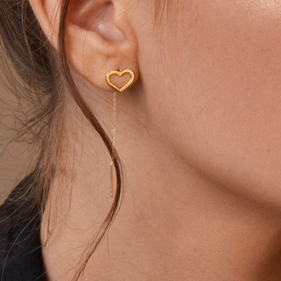 14K Solid Gold Open Heart Threader Earrings | 14K Yellow Gold Earrings for Women | Simple Open, Pave CZ Heart Threader Earrings | Dainty Earrings Jewelry | Gift for Birthday