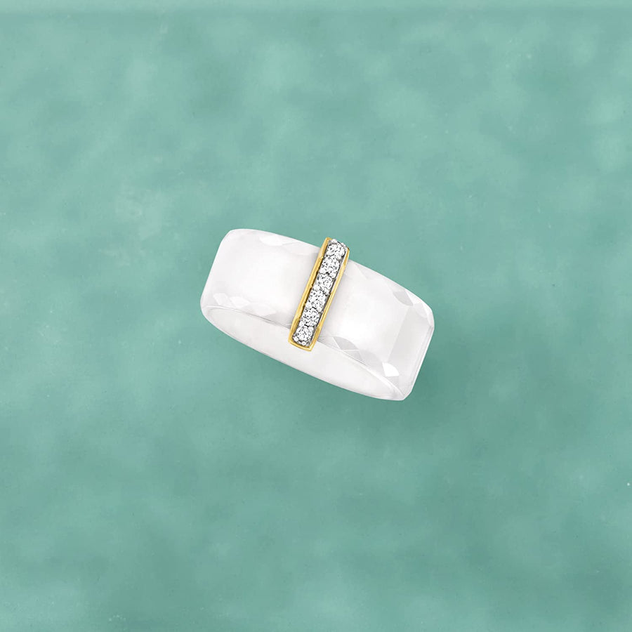 White Ceramic and .10 Ct. T.W. Diamond Ring with 14Kt Yellow Gold