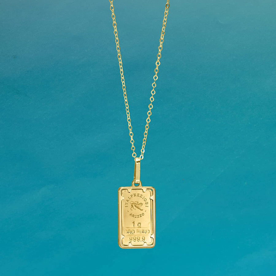 Italian 24Kt Yellow Gold Fleur-De-Lis 1-Gram Ingot Pendant Necklace with 14Kt Yellow Gold Frame