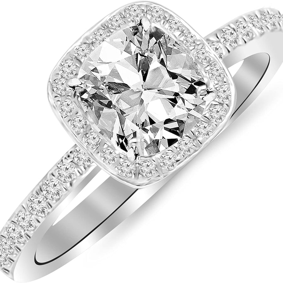 1 Carat T.W. 14K White Gold Classic Halo Style Cushion Shape Diamond Engagement Ring with a 3/4 Ct Forever Brilliant Cushion Moissanite Center