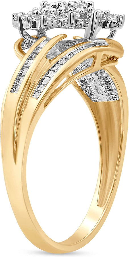 10K Yellow Gold 1/2 Cttw Natural White round and Baguette Diamond Cluster Ring
