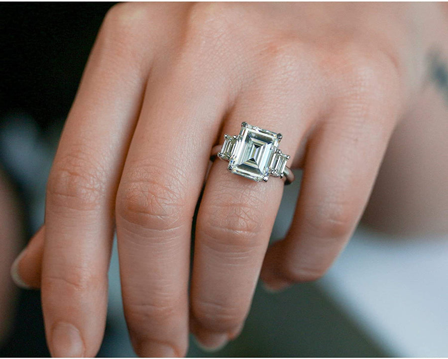 5 1/2 Carat TGW Three Stone Emerald Cut Moissanite Statement Engagement Ring in 14K White Gold