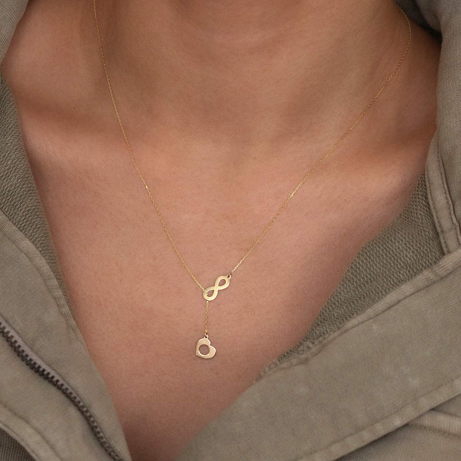 14K Solid Gold Heart Y-Necklace | 14K Yellow Gold Lariat Necklaces for Women | Double, Open, Infinity, Key Heart Pendant Necklace | Dainty Love Jewelry | Gifts for Christmas, 18