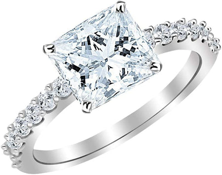 1.4 Carat 14K White Gold Classic Side Stone Prong Set Princess Cut Diamond Engagement Ring (0.9 Ct H Color VS2 Clarity Center Stone)