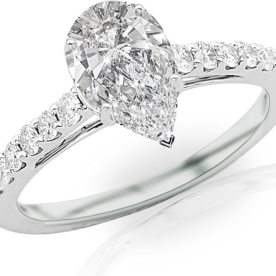 1.25 Ctw Pear Cut Classic Graduating Pave Set 14K White Gold Diamond Engagement Ring (H-I Color SI2-I1 Clarity 0.75 Ct Center)