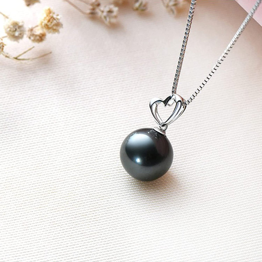18K Gold Natural Black Pearl Pendant Necklace 10-11Mm Genuine Tahitian Cultured round Pearls Heart Shape Pendant for Women with 18
