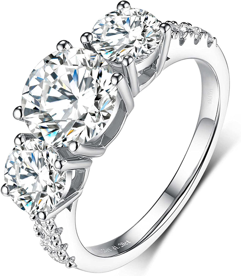 Moissanite Engagement Rings for Women, 2.66-3Ct Three Stone Moissanite Ring 18K White Gold Plated Silver Moissanite Rings, D Color VVS1 Clarity Anniversary Wedding Engagement Rings for Proposal Promise Ring for Her