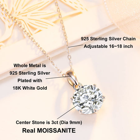 3CT Moissanite Pendant Necklace 18K White Gold Plated Silver D Color Ideal Cut Diamond Necklace for Women with Certificate of Authenticity