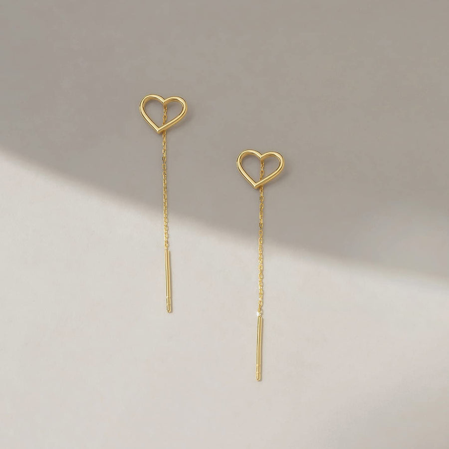 14K Solid Gold Open Heart Threader Earrings | 14K Yellow Gold Earrings for Women | Simple Open, Pave CZ Heart Threader Earrings | Dainty Earrings Jewelry | Gift for Birthday