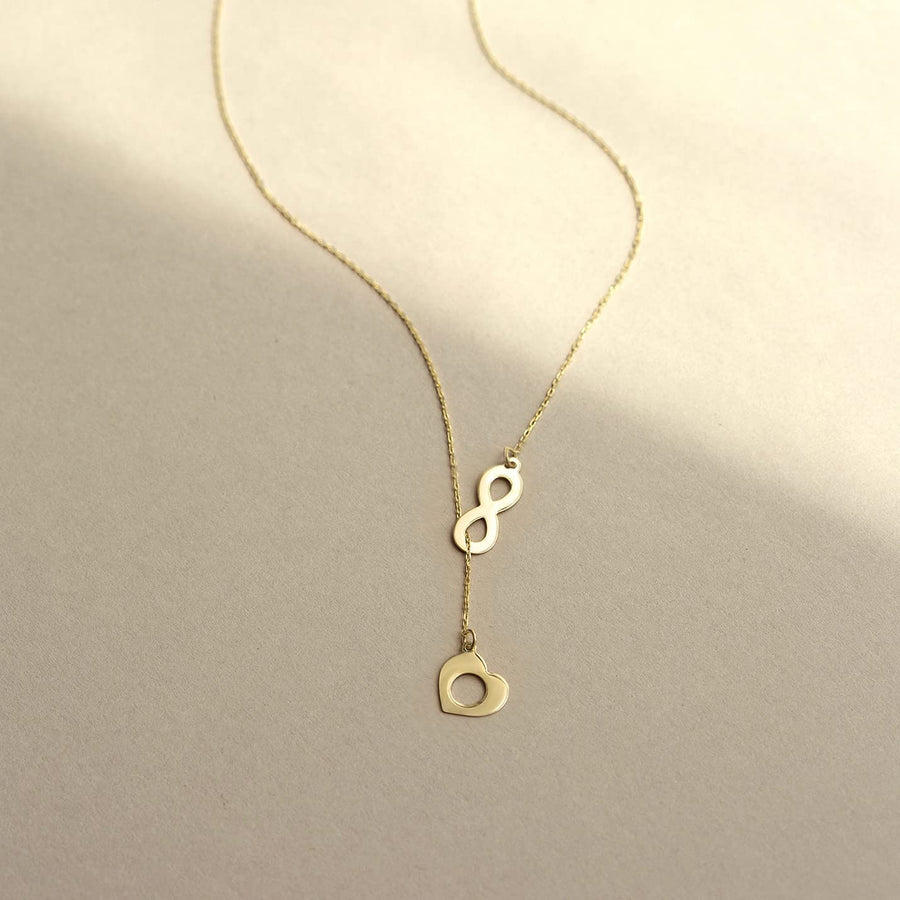 14K Solid Gold Heart Y-Necklace | 14K Yellow Gold Lariat Necklaces for Women | Double, Open, Infinity, Key Heart Pendant Necklace | Dainty Love Jewelry | Gifts for Christmas, 18