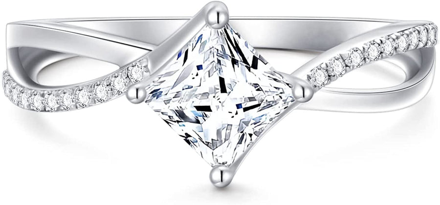 1.15 Carat (Ctw) Princess Moissanite Engagement Rings for Women Platinum Plated Silver Ring Moissanite Rings